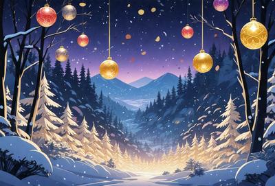 The primary subject of the image is a snowy landscape with a path leading through the woods. The setting is a wintery forest with snow-covered trees and a mountain in the background. The visual style is a digital art or illustration, creating a serene and peaceful atmosphere. The dominant colors are shades of white, gray, and blue, which evoke a sense of tranquility and coldness.